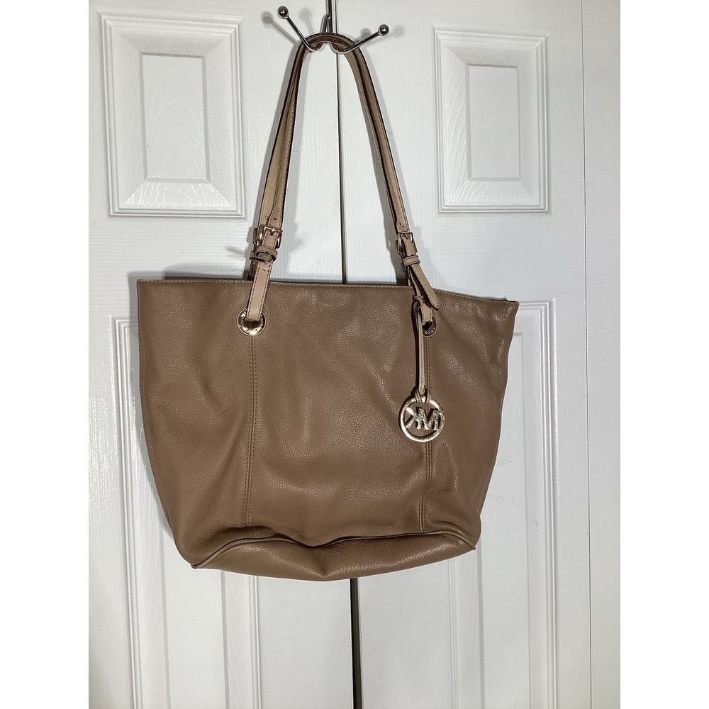 Michael Kors Beige Soft Leather Tote Bag Silver Hardware Logo Double Handles